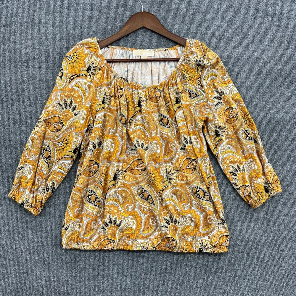 Michael Kors Paisley Blouse Womens Size M Yellow Boho‎ Chic Peasant Cottage